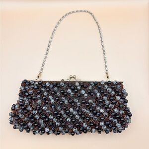 Vintage Black & Clear Hand-Beading on Copper Wire Purse w/ Shoulder Chain Strap